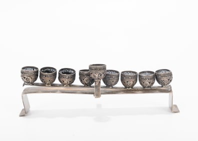 A MINIATURE SILVER MENORAH. Probably Israel, c. 1970