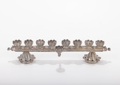 A MINIATURE STERLING SILVER FILIGREE HANUKKAH LAMP. Probably Israel, c. 1980.