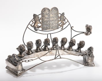 A LARGE ASSEMBLED SILVER HANUKKAH LAMP. Probably Germany, 20th century.