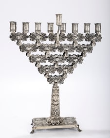 A STERLING SILVER FILIGREE HANUKKAH MENORAH. Probably Israel, c. 1980.