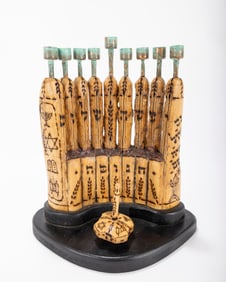 A HAND MADE HANUKKAH LAMP MADE OF CARVED AND BURNT WOOD. Israel, modern