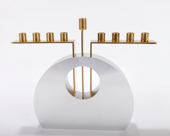 AN ANODIZED ALUMINUM HANUKKAH MENORAH BY RAFI LANDAU. Israel, c. 1990.