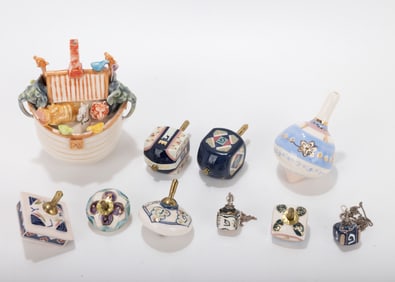 A GROUP OF 10 MULTICOLORED DREIDELS. Mostly Israel and the USA.