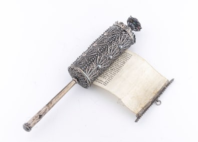 A SILVER FILIGREE MEGILLAH CASE WITH THE ORIGINAL MEGILLAH. Probably Italy, c. 1880.