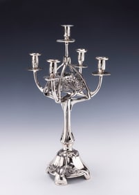 A LARGE SILVER SABBATH CANDELABRA BY LAZARUS POSEN.  (Frankfurt-Au-Main, c. 1900)