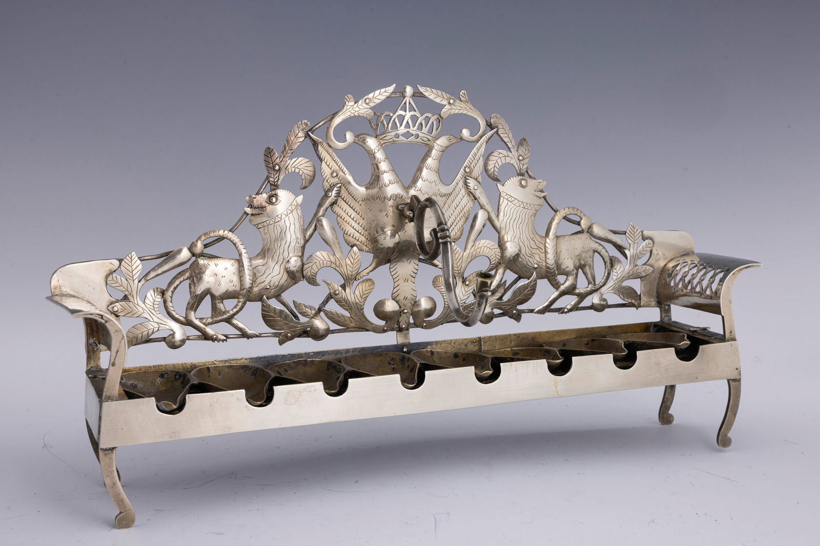 A MAGNIFICENT GALICIAN SILVER AND MIXED METAL HANUKKAH LAMP. (1 of 7)