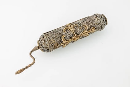 A SILVER AND GILDED MEGILLAH CASE WITH ORIGINAL MEGILLAH. Ottoman Empire, c. 1880.