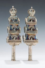 A LARGE PAIR OF SILVER TORAH FINIALS. The Netherlands, 1875.