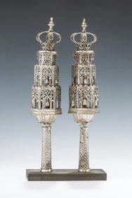 A LARGE PAIR OF SILVER TORAH FINIALS. North Africa, c. 1880.
