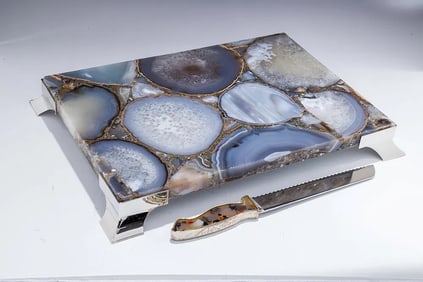 A STERLING SILVER AND COLORED AGATE CHALLAH BOARD BY YAAKOV DAVIDOFF