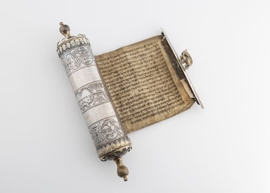 AN EARLY GALICIAN SILVER MEGILLAH CASE WITH THE ORIGINAL MEGILLAH
