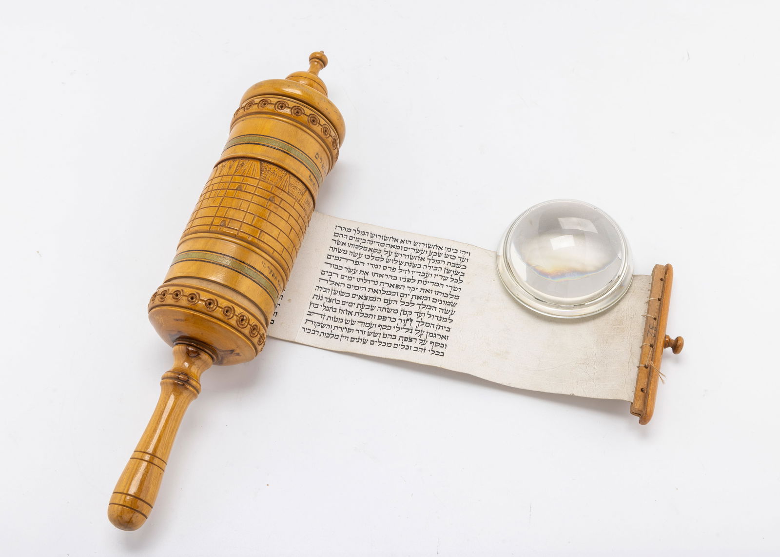 AN EARLY PALESTINE WOODEN MEGILLAH CASE WITH MEGILLAH. Jerusalem, c. 1920 (1 of 2)