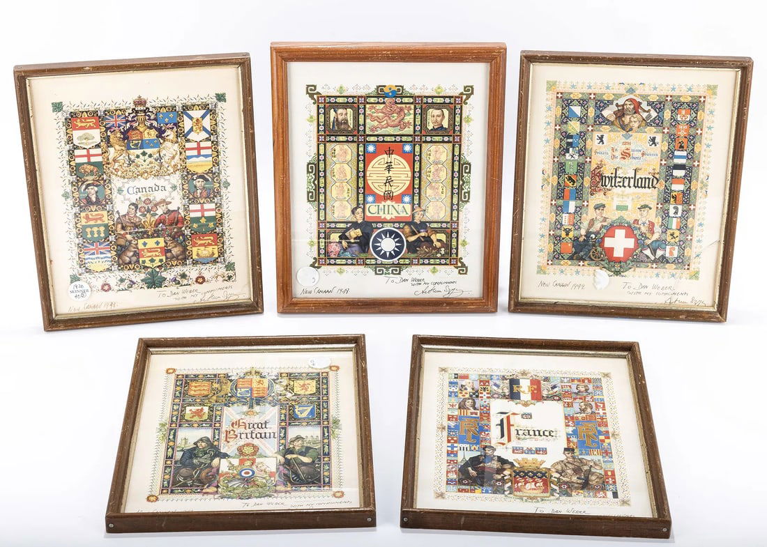 A GROUP OF FIVE PRINTS BY ARTHUR SZYK. New Canaan, 1948.: A GROUP OF FIVE PRINTS BY ARTHUR SZYK. New Canaan, 1948. Each depicts a different country including Switzerland, China, Canada, France and Great Britain. Each is dedicated to Dan Weber from the
