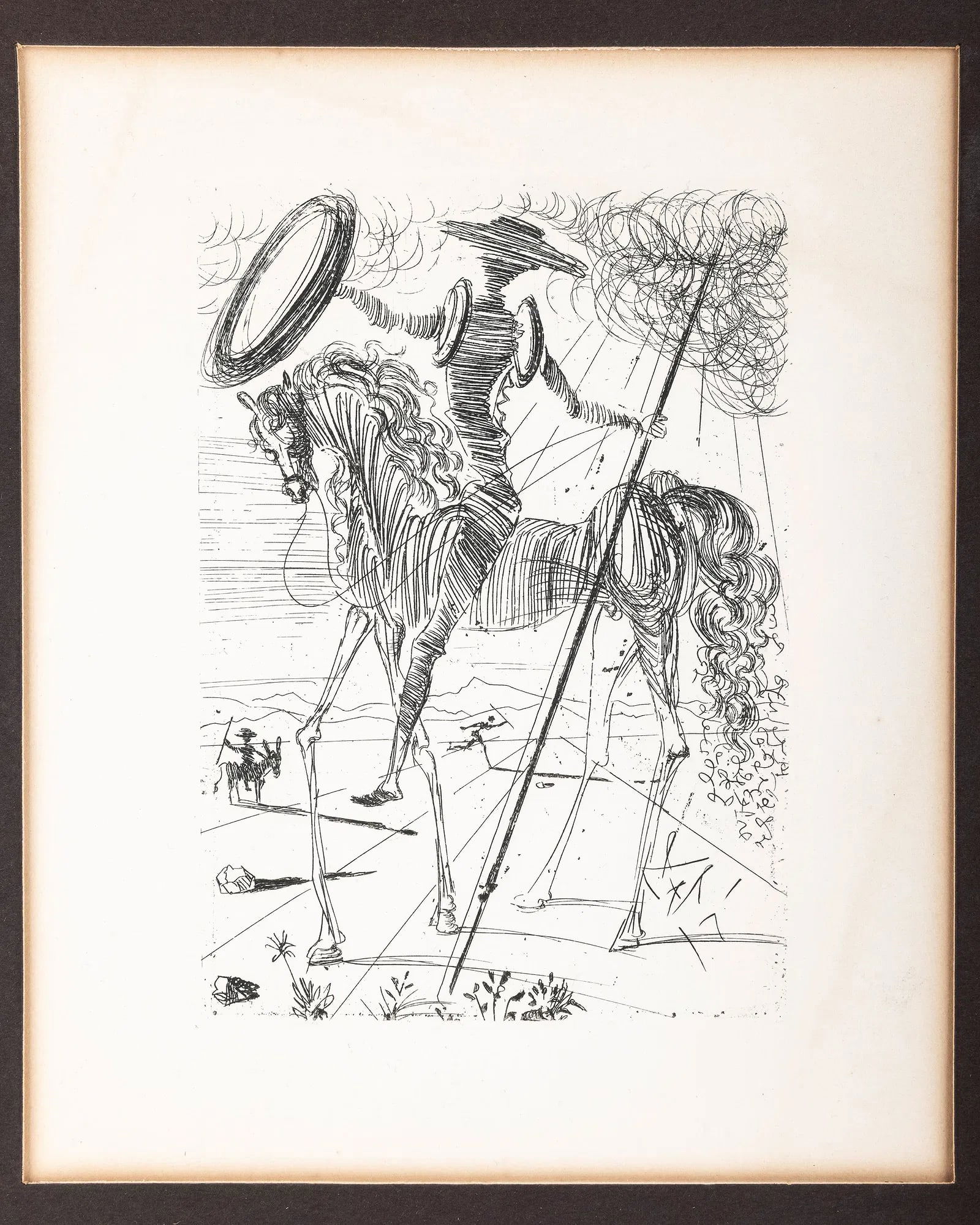 DON QUIXOTE BY SALVATOE DALI. This etching depicts Don Quixote on horseback and was published for So: DON QUIXOTE BY SALVATOE DALI. This etching depicts Don Quixote on horseback and was published for Societe de Verification de la Nouvelle Graveure Internationale of New York after an original by