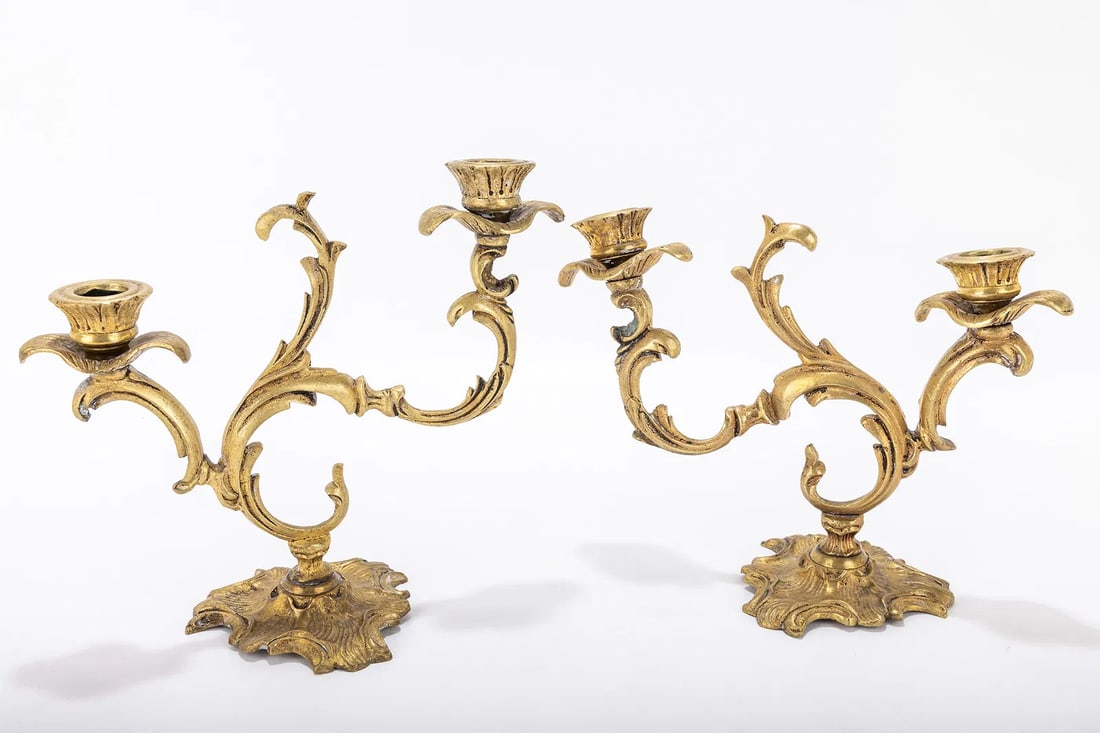 A PAIR OF BRASS CANDLEABRAS. Spain, 20th century. In art nouveau form. 7.5 inches tall (1 of 1)