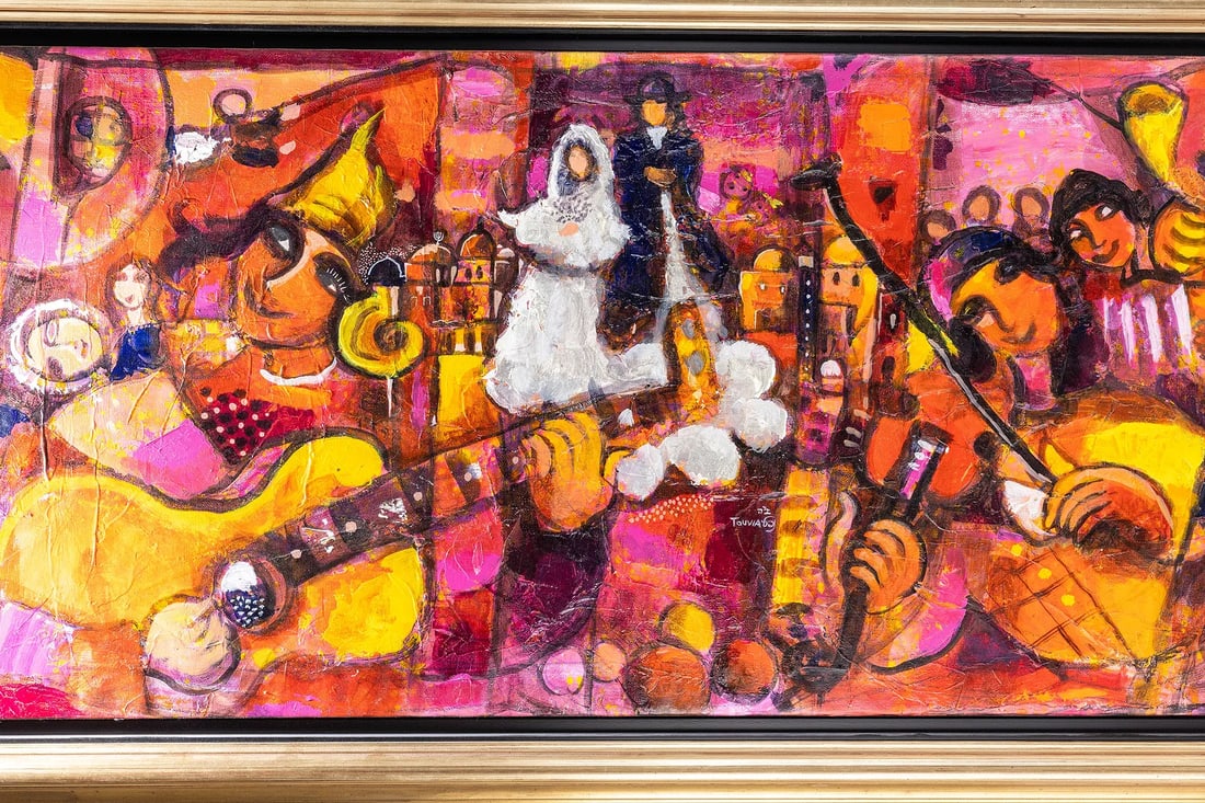 JEWISH WEDDING WITH KLEZMORIM. Oil on Canvas. 22" x 51" Naftali Touvia Besanson (Israeli, born in Fr (1 of 2)