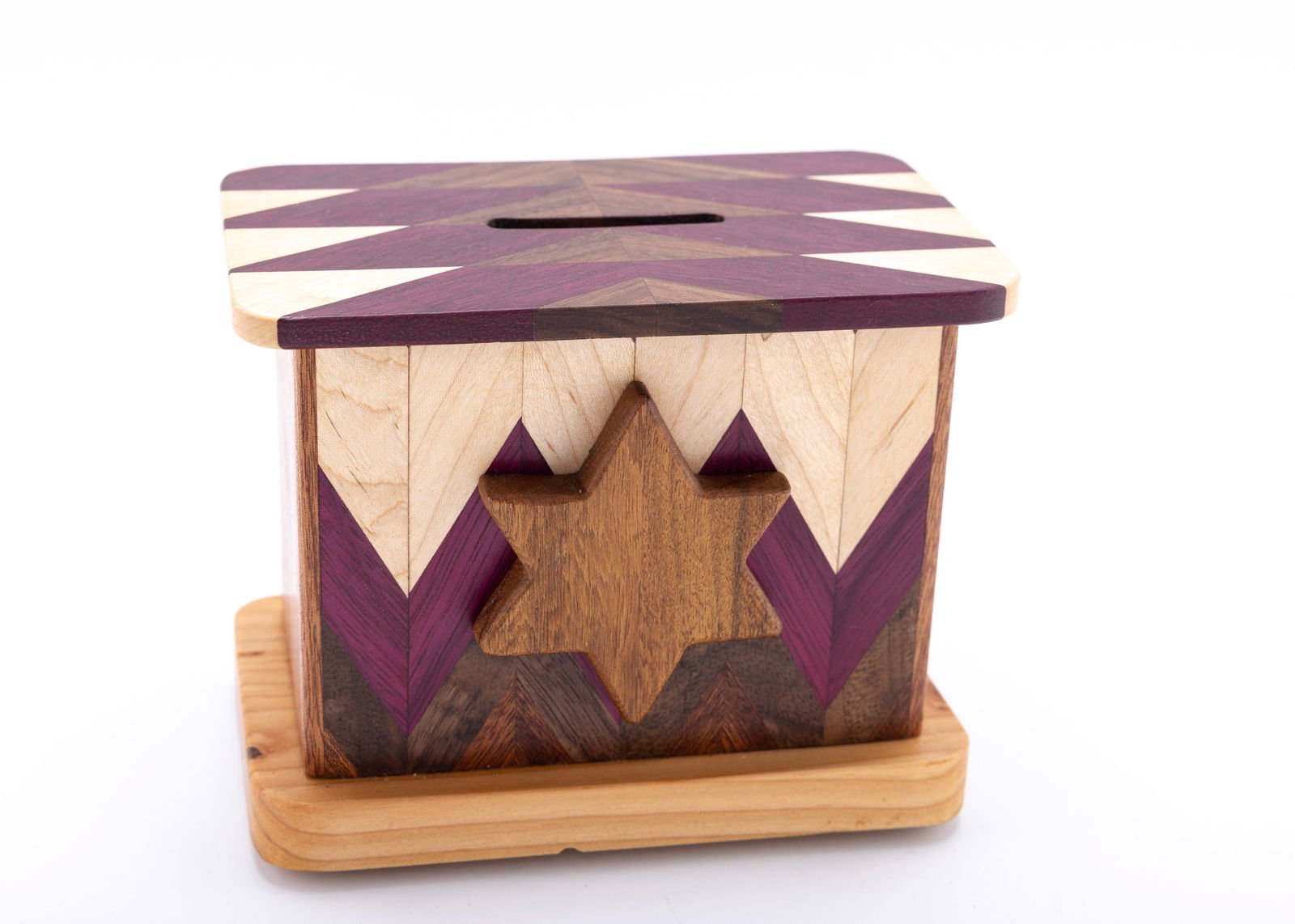 AN INLAID WOOD CHARITY CONTAINER: Probably American, modern. Hand carved and assembled with multicolored inlaid wood designs.