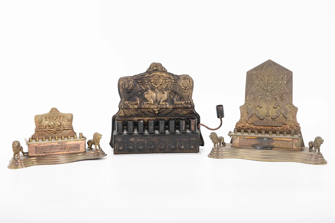 A GROUP OF THREE HANUKKAH LAMPS. Probably Israel, modern. In Bezalel style. The largest is 7” (1 of 1)