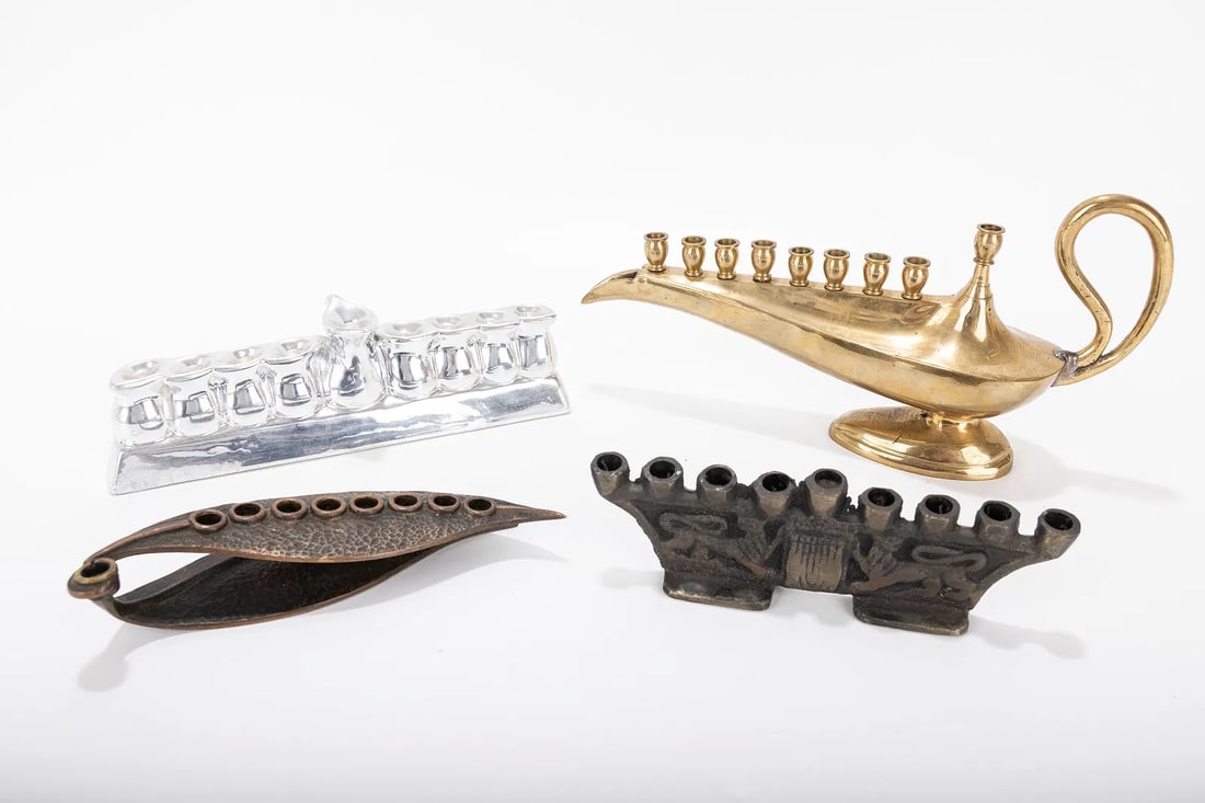 A GROUP OF FOUR HANUKKAH LAMPS. Probably Israel, modern. (1 of 1)