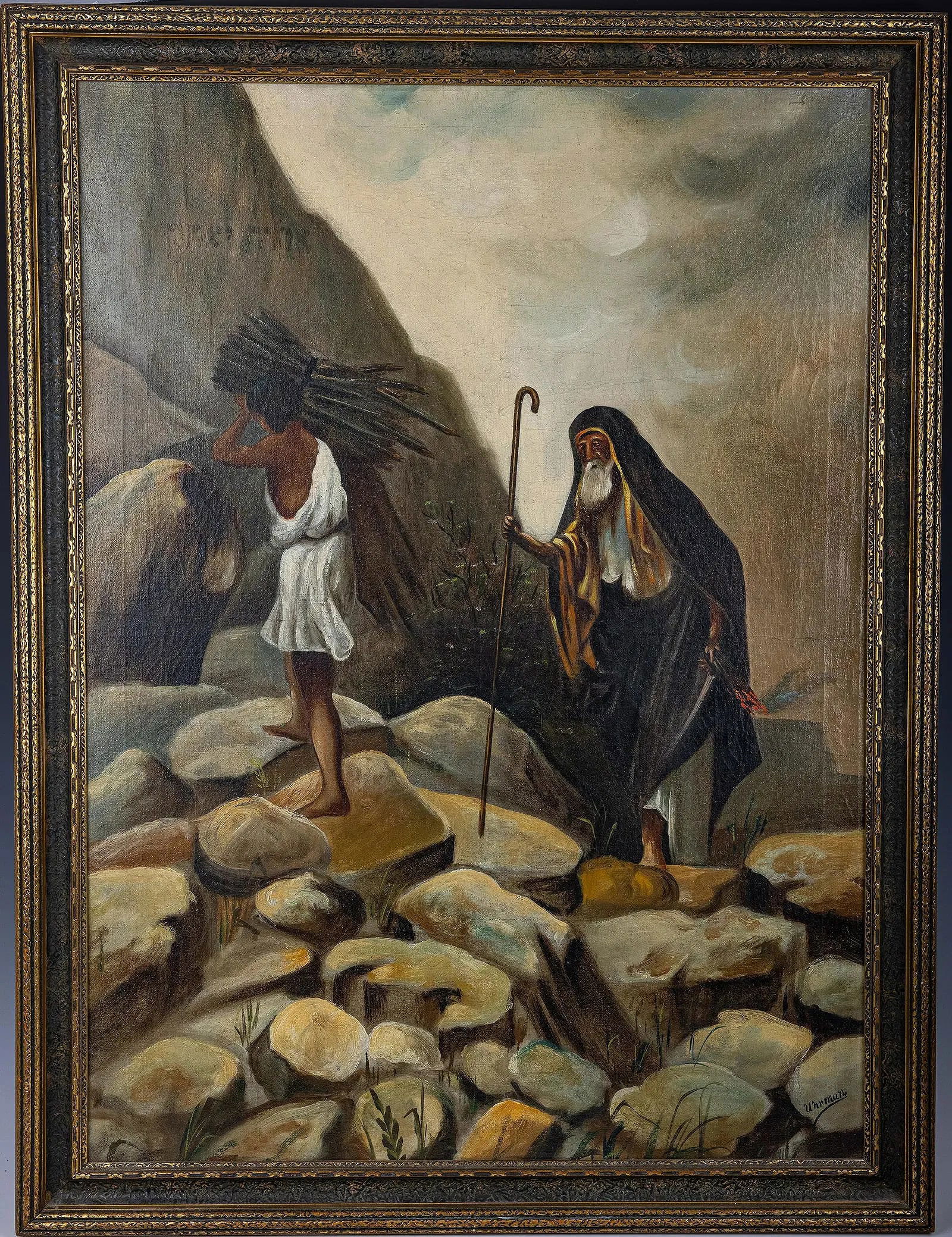A LARGE PAINTING OF THE BINDING OF ISAAC BY URMANN OIL ON CANVAS: Probably Austria, c.1900. Depicting Abraham and Isaac climbing the mountain. Written Akedat Yitzchak in Hebrew. 25” x 34”.