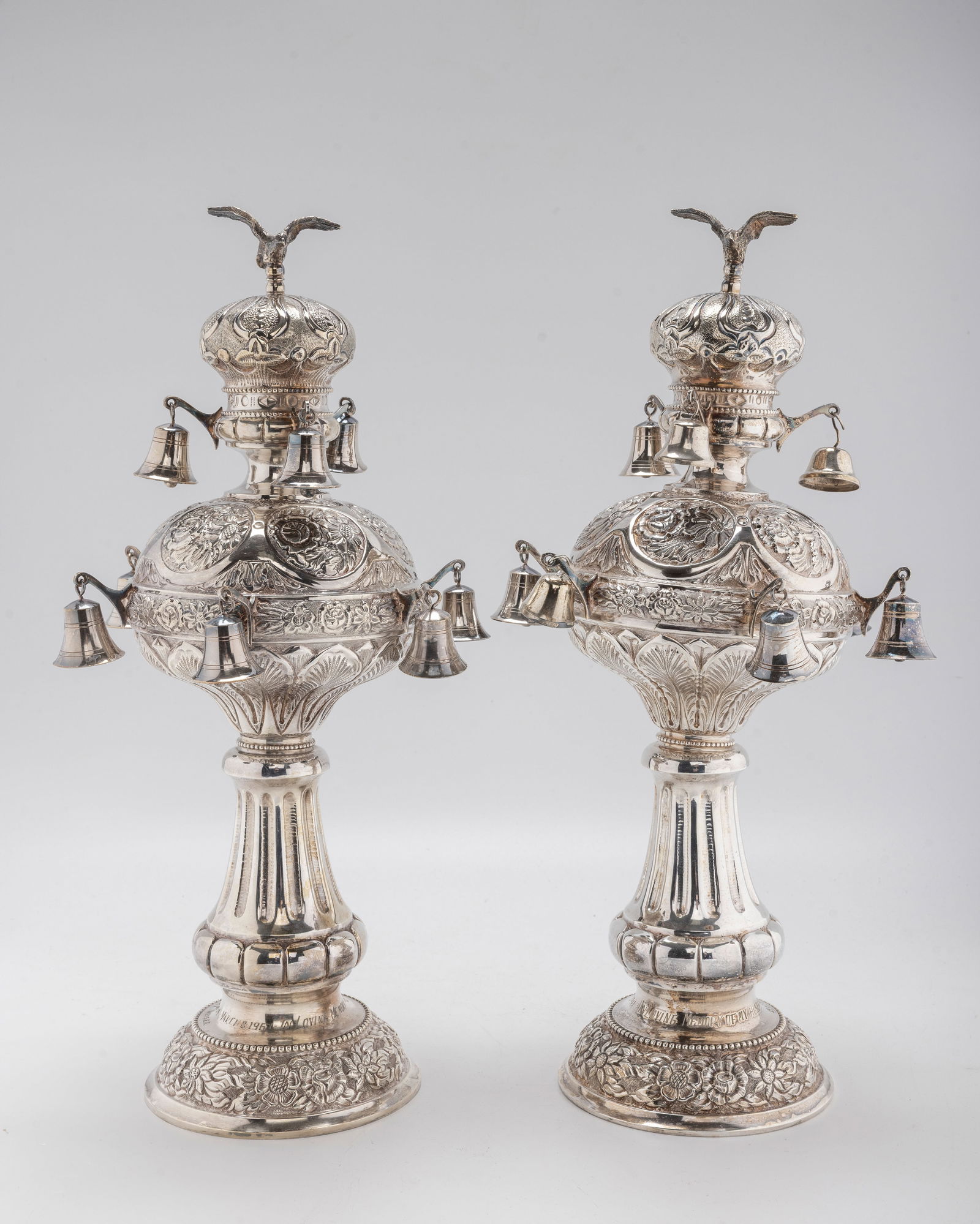 A PAIR OF LARGE SILVER TORAH FINIALS. Hungary, early 20th century. (1 of 1)