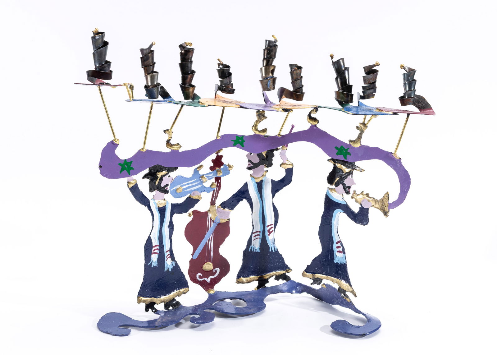 A HANDCRAFTED MENORAH OF DANCING HASIDIM: Hand painted and crafted. The candle holders are spiral in form.