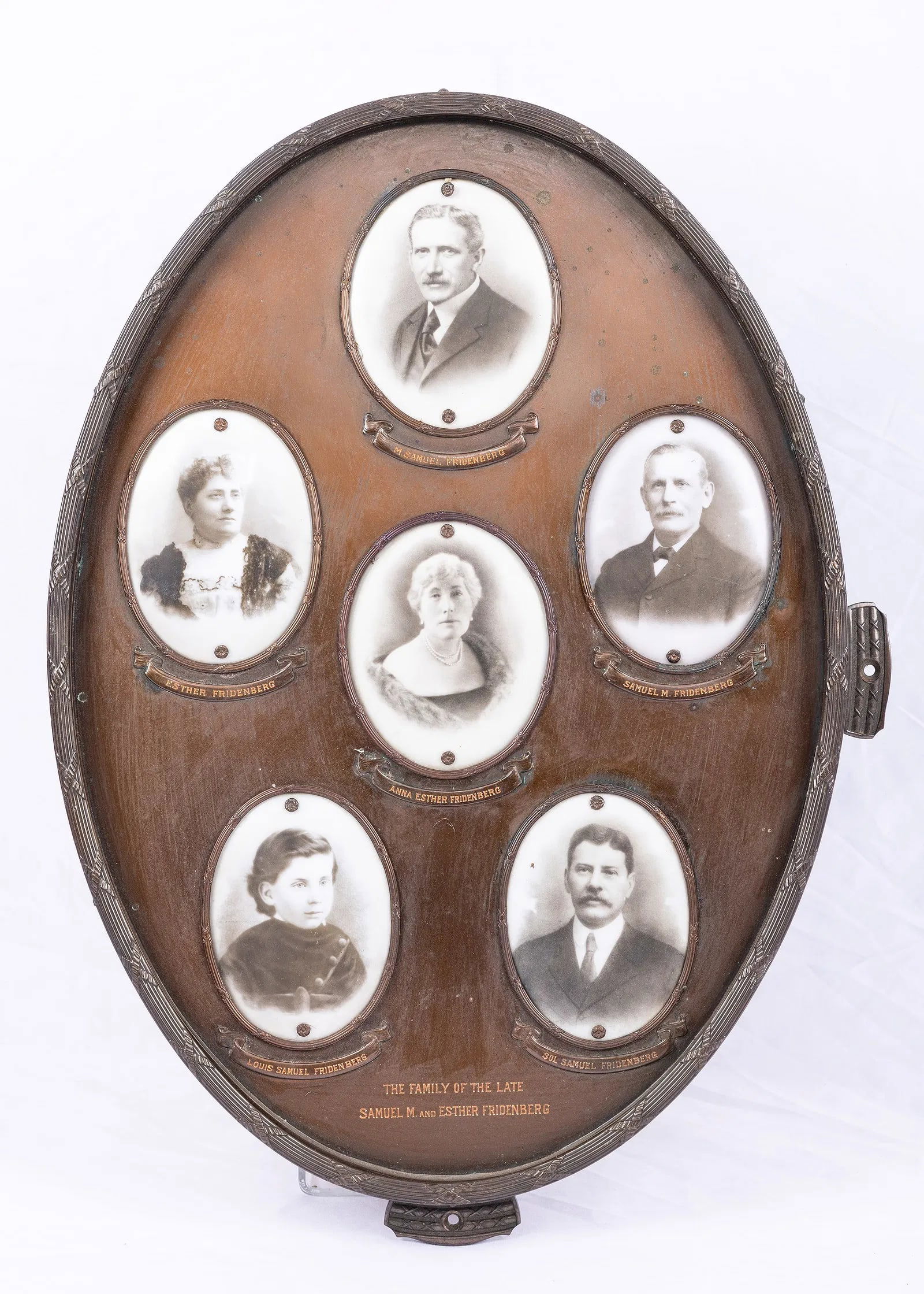 A VERY RARE COPPER AND PORCELAIN FAMILY PORTRAIT COLLECTION OF THE FAMILY OF SAMUEL AND ESTHER FRIDE: A VERY RARE COPPER AND PORCELAIN FAMILY PORTRAIT COLLECTION OF THE FAMILY OF SAMUEL AND ESTHER FRIDENBERG. Philadephia, c. 1890. Samuel M. Fridenberg, was the son of Civil War Era Financier-Pawn