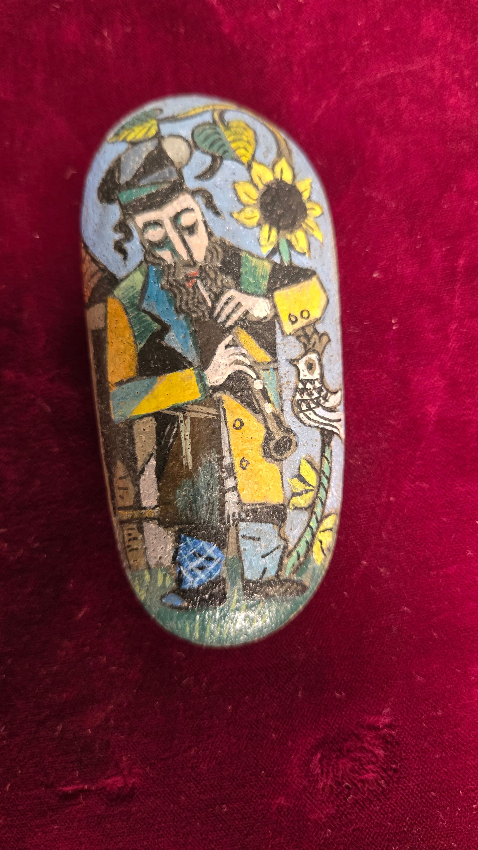 ILYA SCHOR - PAINTING ON STONE HASIDIC FLUTIST: Provincetown Rhode Island. Hand painted on a sea stone.3.5" tall