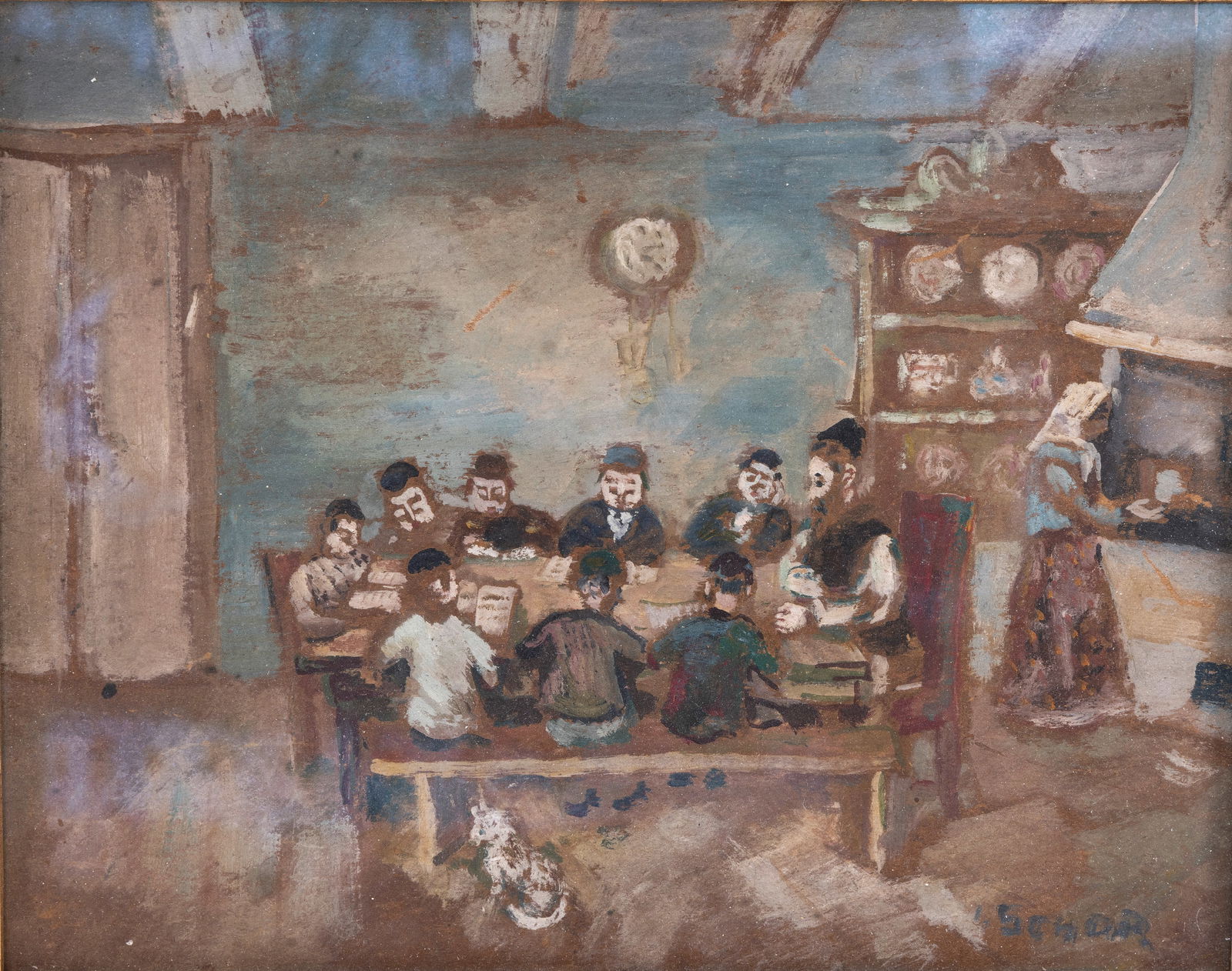 ILYA SCHOR. (1904 - 1961) New York, c.1955. Gouache on board. Cheder Scene. 8" x 10". (1 of 2)