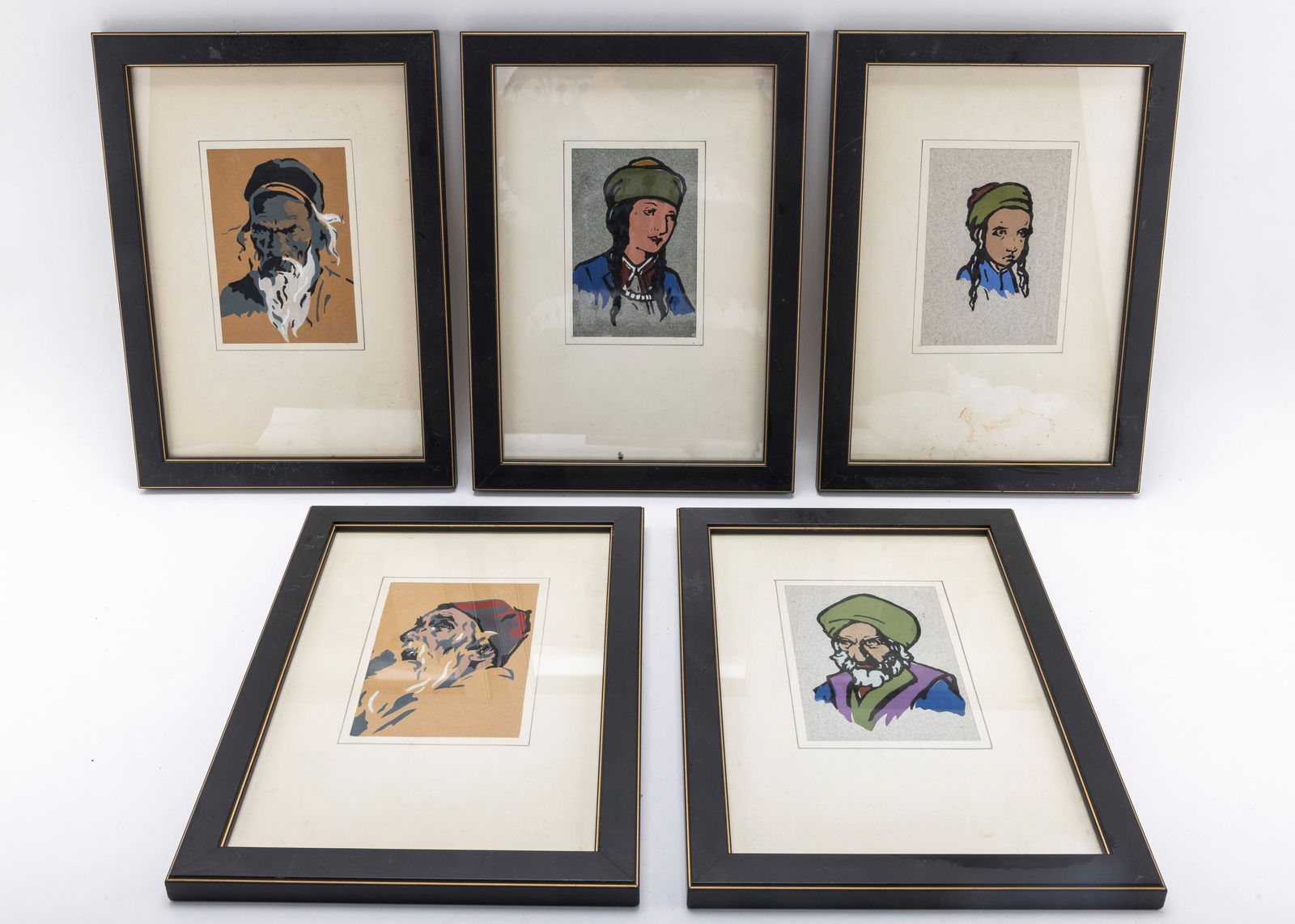 FIVE PAINTINGS BY MEIR GUR ARYEH. Palestine, c. 1940 Each one is a different Mizrachi Jew 5” x (1 of 5)