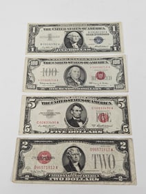 A GROUP OF AMERICAN BANKNOTES. Including a 1928 - G Red Seal , a 1953-A $5 Red Seal, a 1957 $1 silve