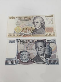 AUSTRIA BANKNOTES. Including 1988 $5000 Schilling featuring Mozart (circulated) and a 1983 $1000 Sch