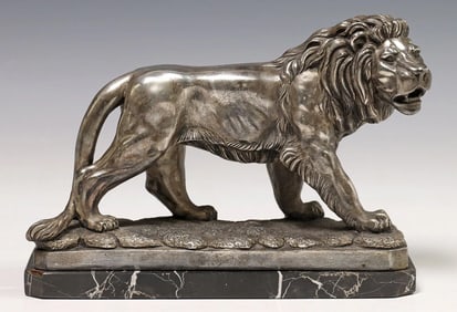 STERLING SILVER-CLAD SCULPTURE PROWLING LION BY G. RUGGERI. Italy, 20th century. Sterli
