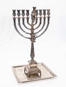 A STERLING SILVER HANUKKAH MENORAH AND UNDERTRAY. Israel.