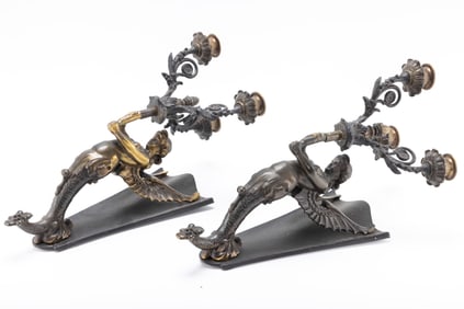 A PAIR OF FRENCH EMPIRE STYLE MOUNTED THREE ARM CANDELABRA