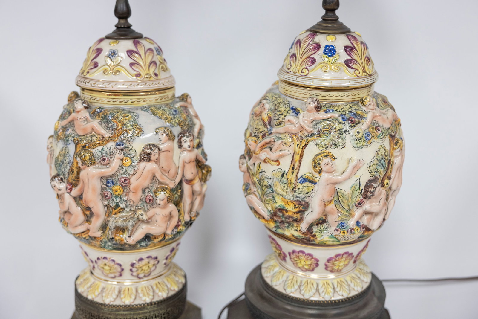 TWO CAPODIMONTE URNS CONVERTED TO LAMPS. (1 of 6)