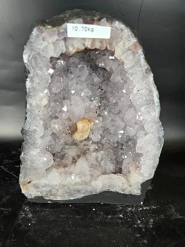 AMETHYST CATHEDRAL GEODE WITH POLISHED EDGES: 12" TALL AND 9" AT IT'S WIDEST, 10.7 KILOGRAMS