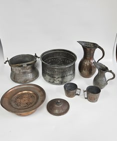 A COLLECTION OF FIVE HAND WROUGHT BOWLS, PITCHERS AND AN INCENSE BURNER