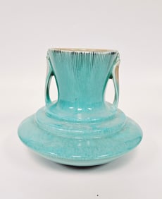 Roseville Orian Turquoise 1935 Art Deco Art Pottery Ceramic Handled Vase 737-5.