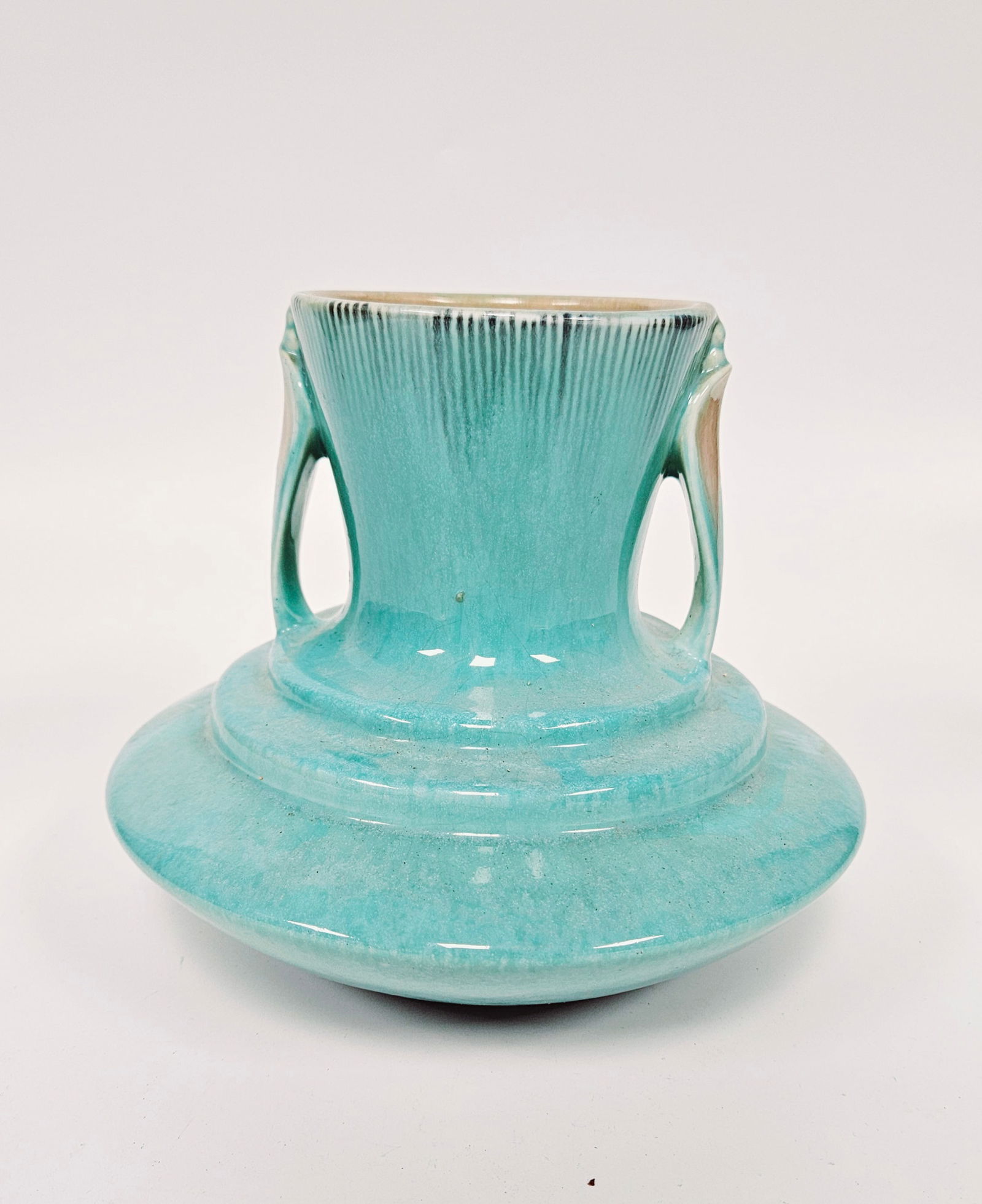 Roseville Orian Turquoise 1935 Art Deco Art Pottery Ceramic Handled Vase 737-5. (1 of 6)