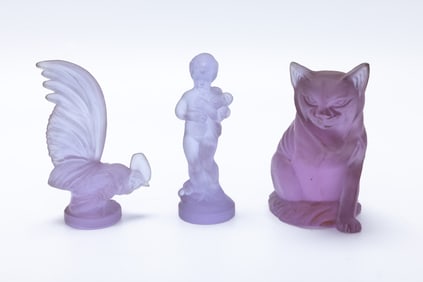 THREE GLASS FIGURINES, A BOY, A CAT AND A ROOSTER