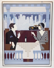 A LARGE ART DECO PRINT BY DEL VALLE. Signed serigraph titled Rendezvous by Del Valle.