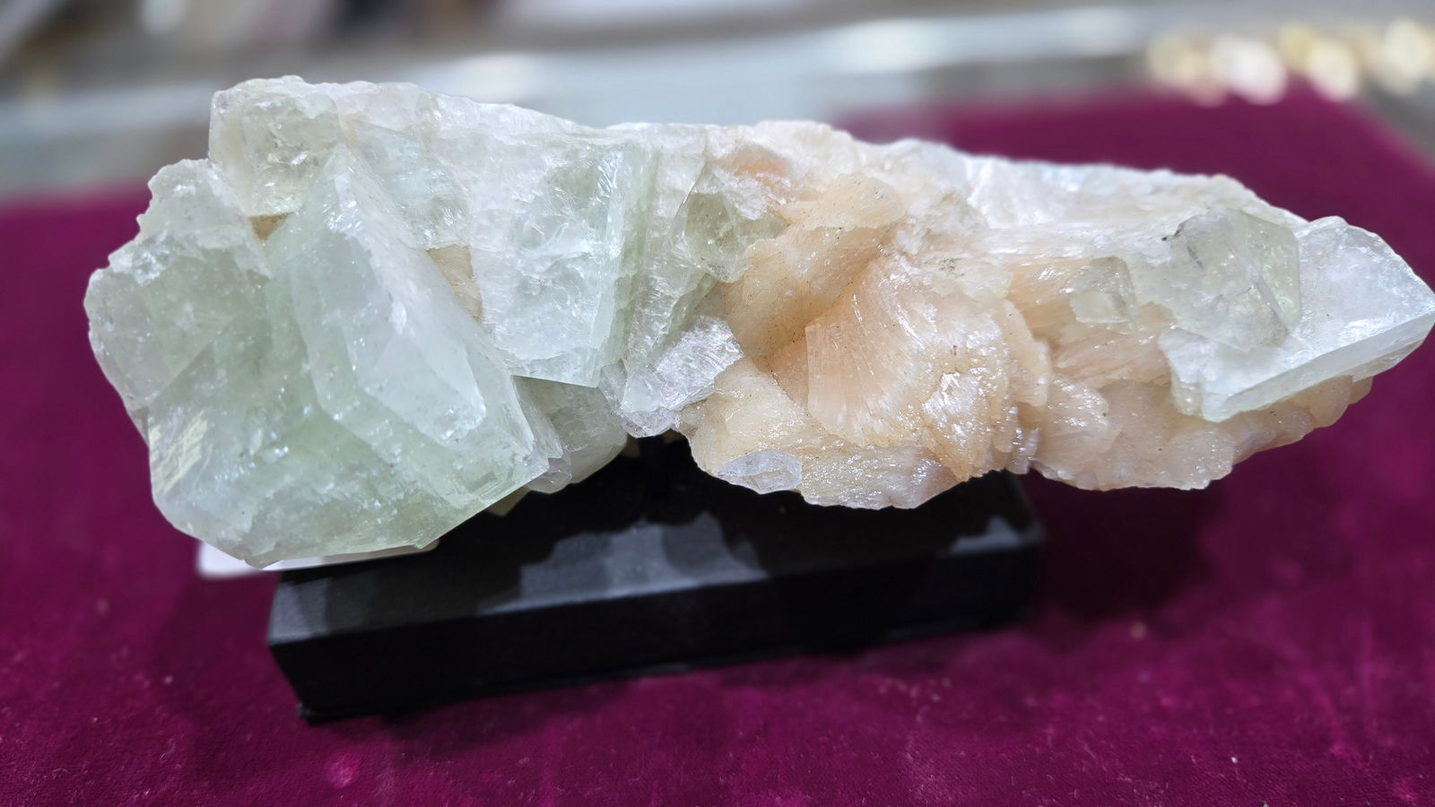 A GORGEOUS Apophyllite SPECIMEN ON A STAND: 6" OF BLUE AND PEACH COLOR