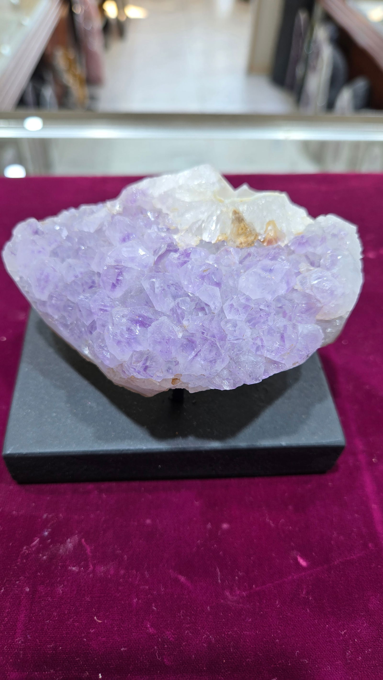 A GORGEOUS AMETHYST CLUTER SPECIMEN ON A STAND: 4.2" wide. Nice light purple color