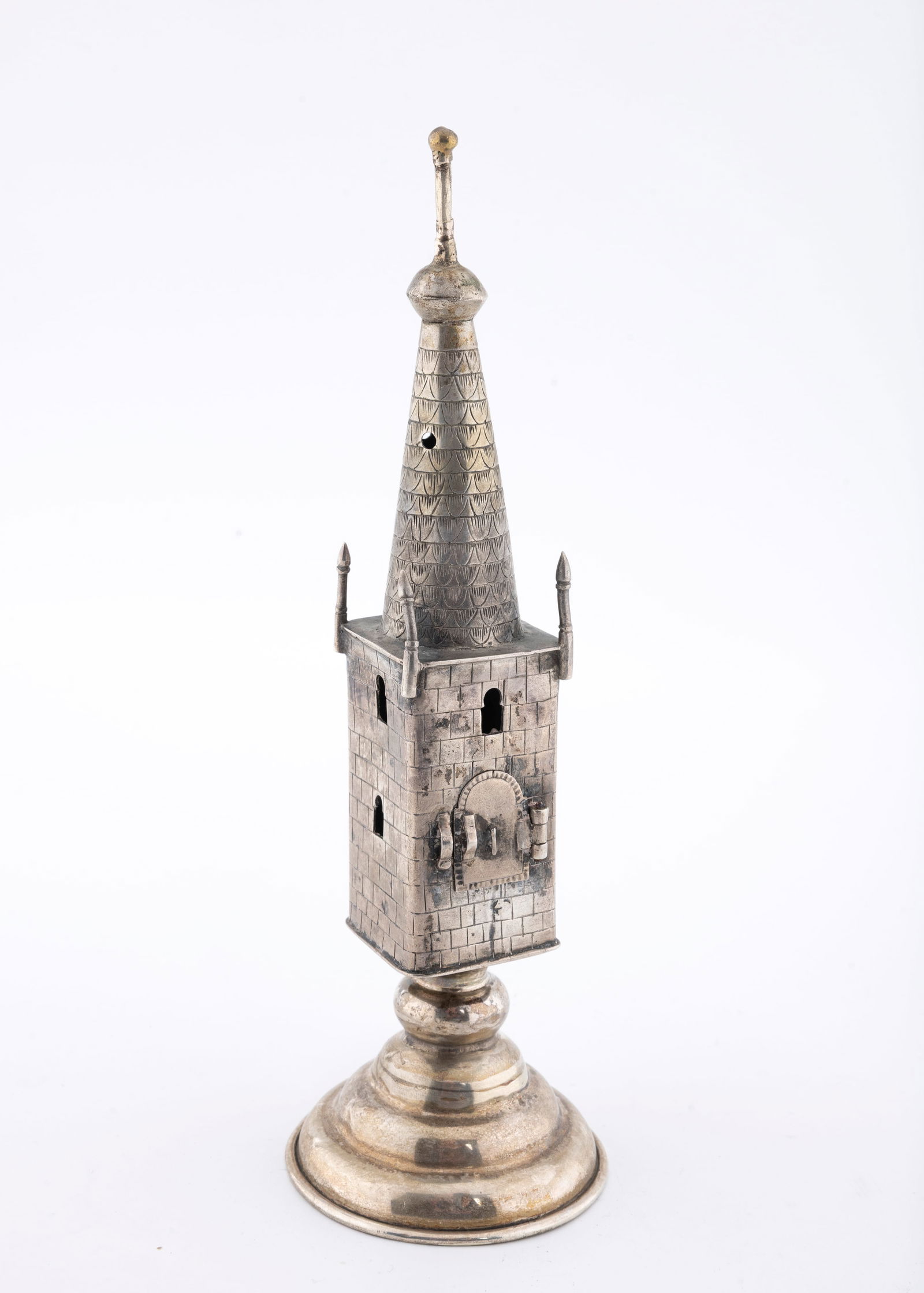 A SILVER SPICE TOWER. TOWER FORM. GERMANY, 20TH CENTURY: On a domed base with a castle shaped body. 8" tall and 3.30 ozt