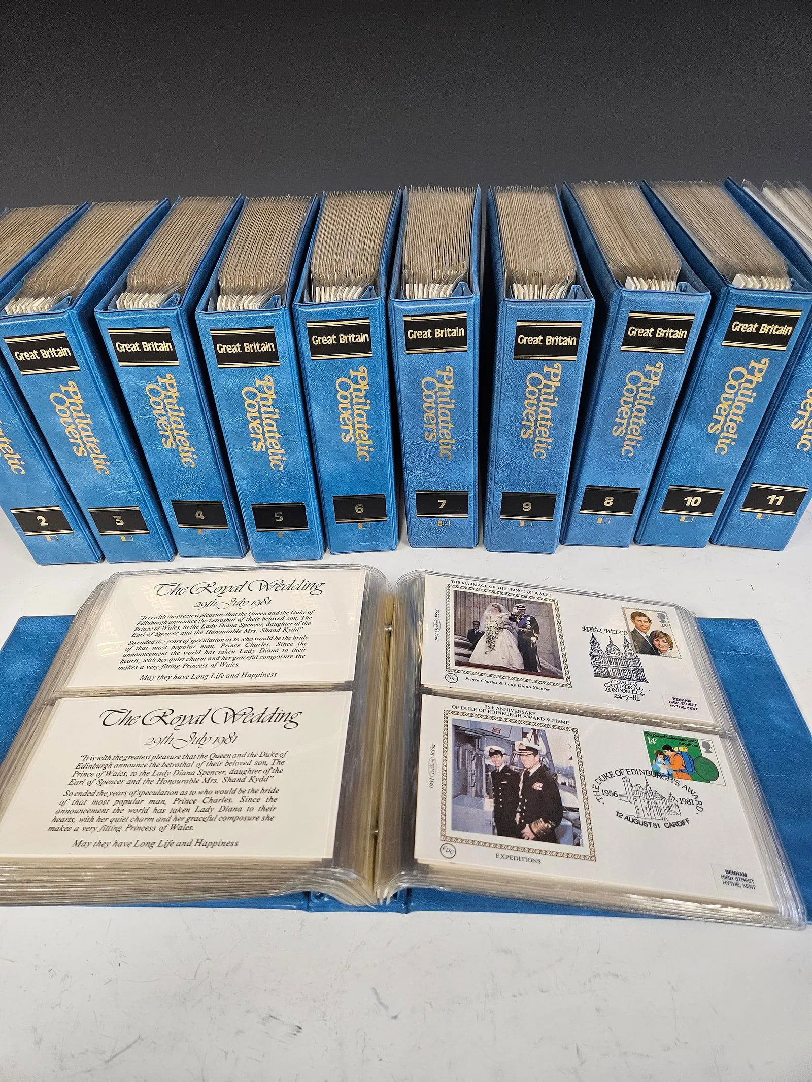 A MASSIVE COLLECTION OF FIRST DAY COVERS FROM GREAT BRITAIN. Consisting of 11 books, each with appro: A MASSIVE COLLECTION OF FIRST DAY COVERS FROM GREAT BRITAIN. Consisting of 11 books, each with approximately 72 covers each over 600 covers. All from the late 20th century. Estimate $300 -500