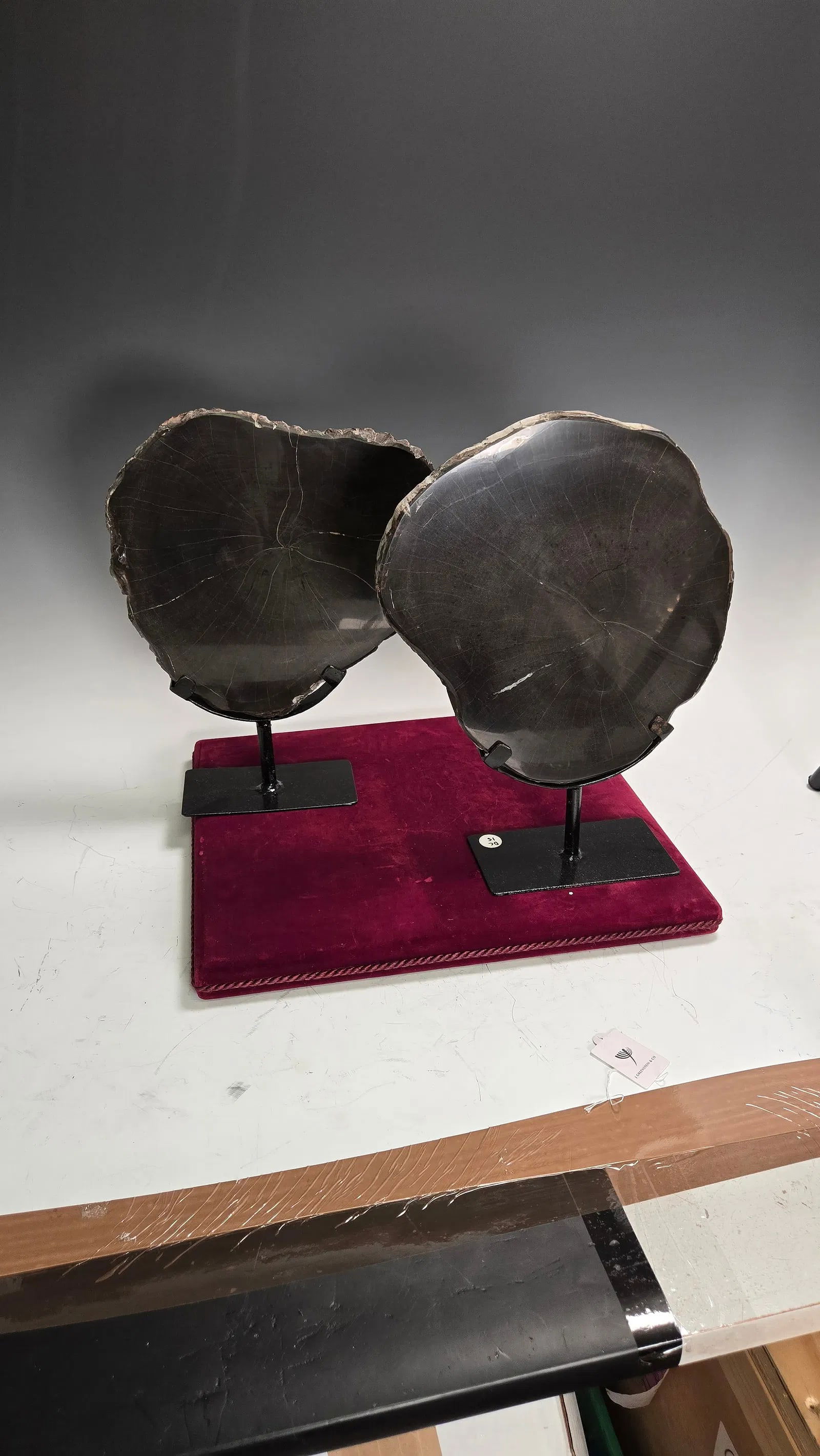 A PAIR OF PETRIFIED WOOD SPECIMENS ON DISPLAY STANDS: Very dark brown/black 8" wide (just the stone). Each mounted on a stand