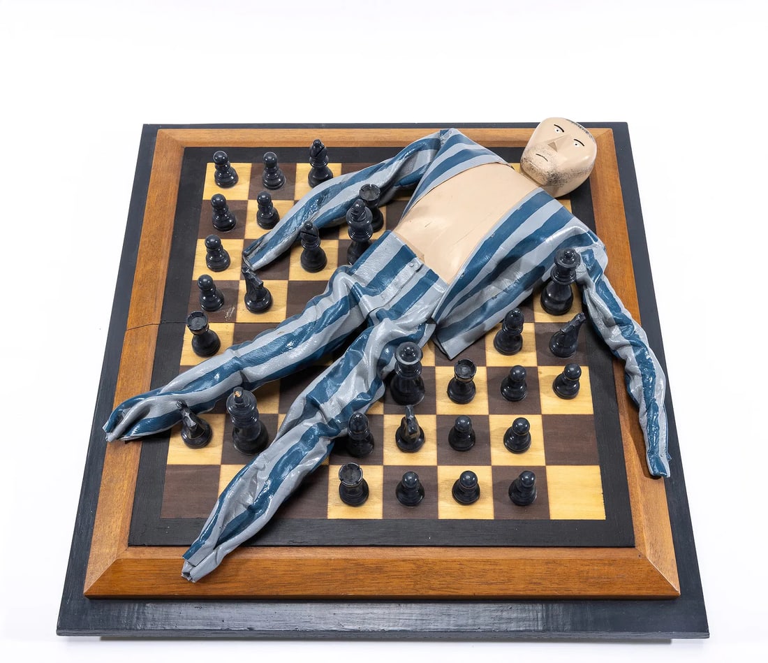 SCOTT HIGGINS - SURVIVOR ON CHESSBOARD: Survivor on a chess board OBJECT OF THE GAME 1998. 19" x 19"