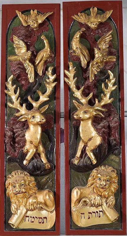A MAGNIFICENT PAIR OF HAND CARVED TORAH ARK DOORS: A Magnificent and Rare Pair Gilded and Painted Carved Wood Torah Ark Doors. In Polish or Ukranian style. Twin lions of Judah couchant hold scrolls inscribed “The Torah of the Lord is