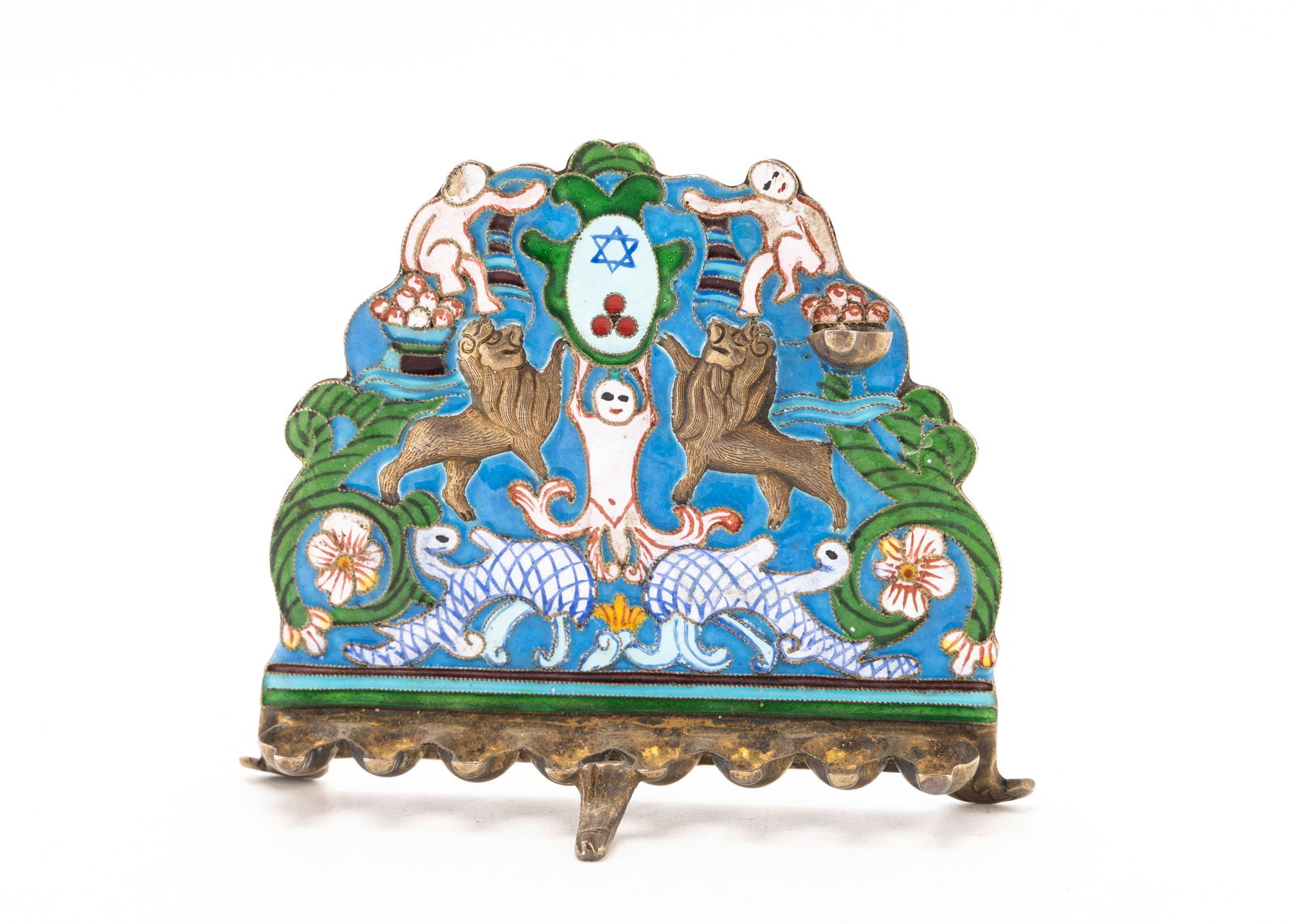 A SILVER AND ENAMEL MINIATURE HANUKKAH LAMP.: Decorated lions, angels, a Jewish star and flowers. 2.5" tall.